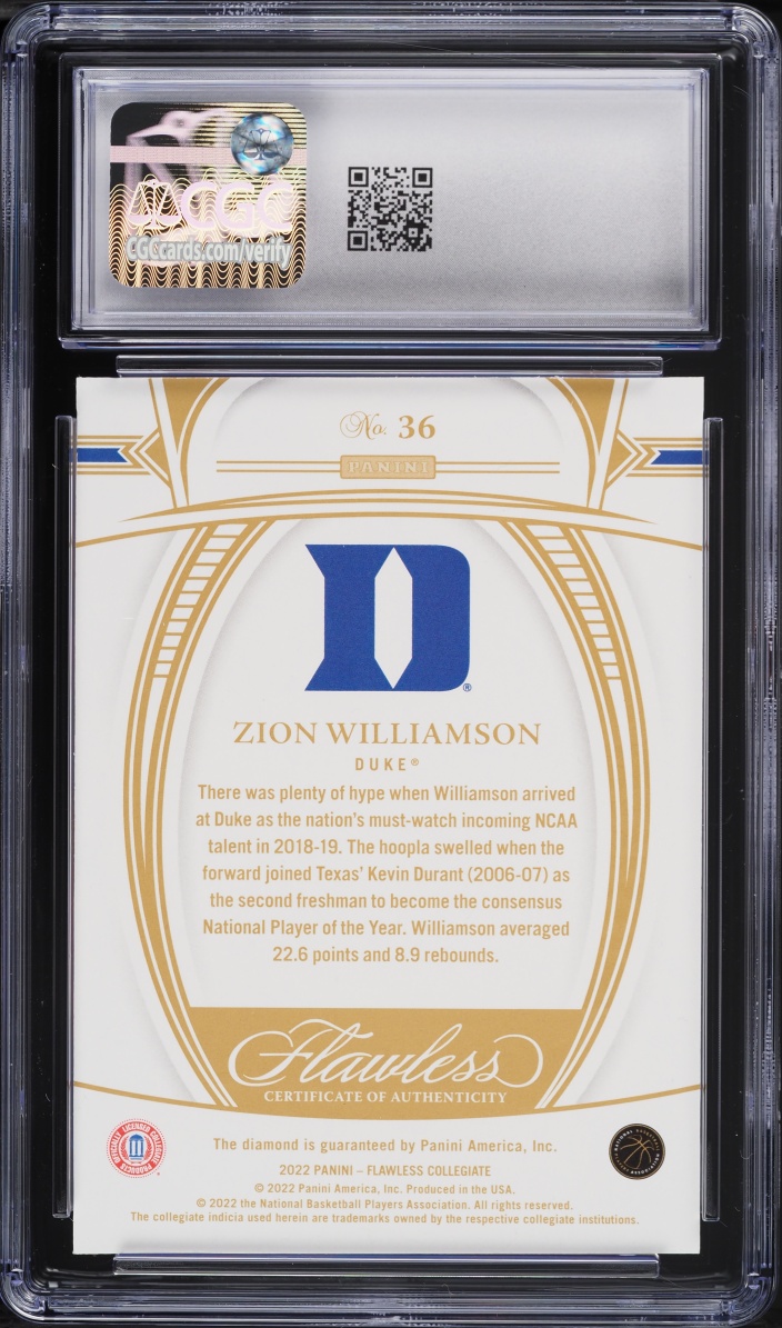 2022 Panini Flawless Collegiate Diamond Gems Zion Williamson /25 #36 CGC 9 MINT