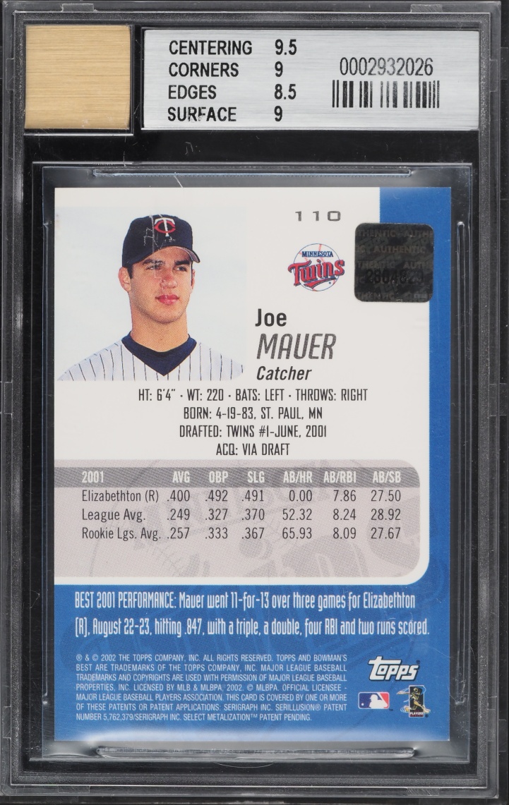 2002 Bowman's Best Blue Joe Mauer ROOKIE AUTO #110 BGS 9 MINT