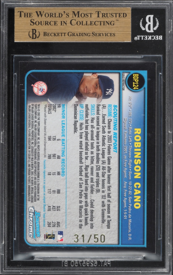 2003 Bowman Chrome Draft Gold Refractor Robinson Cano ROOKIE /50 BGS 9.5 GEM MINT