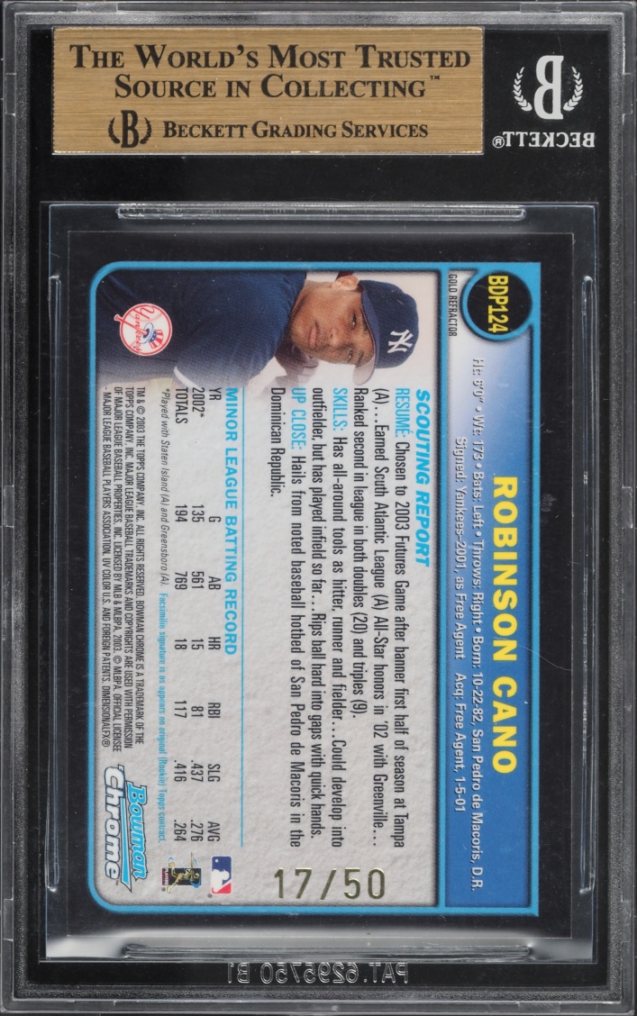 2003 Bowman Chrome Draft Gold Refractor Robinson Cano ROOKIE /50 BGS 9.5 GEM MINT