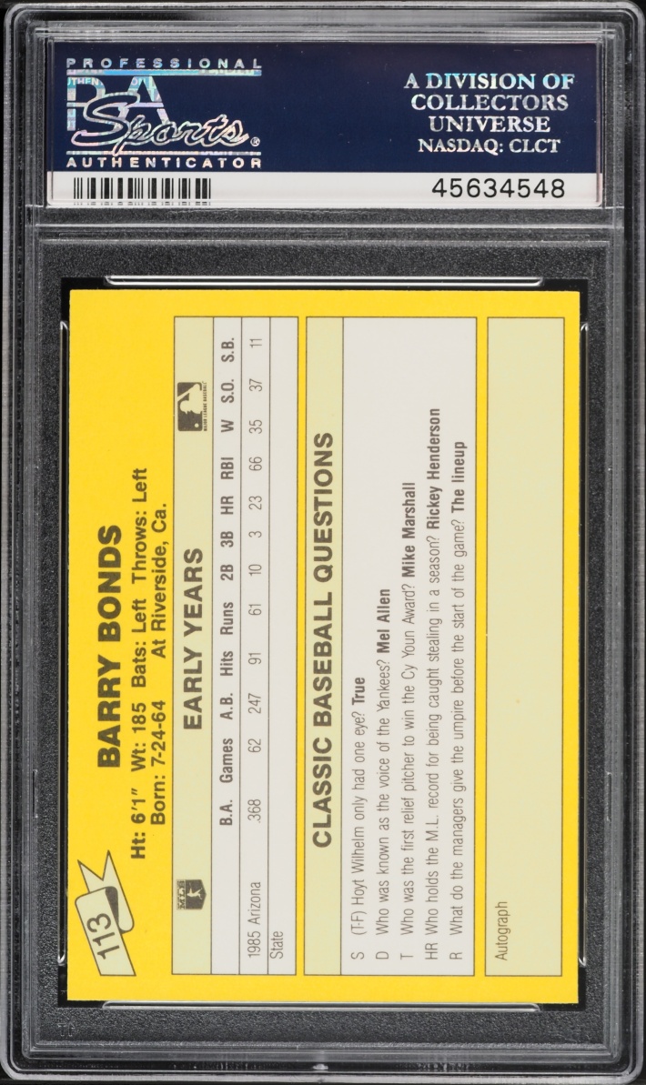 1987 Classic Travel Update Yellow Back Barry Bonds ROOKIE #113 PSA 10 GEM MINT