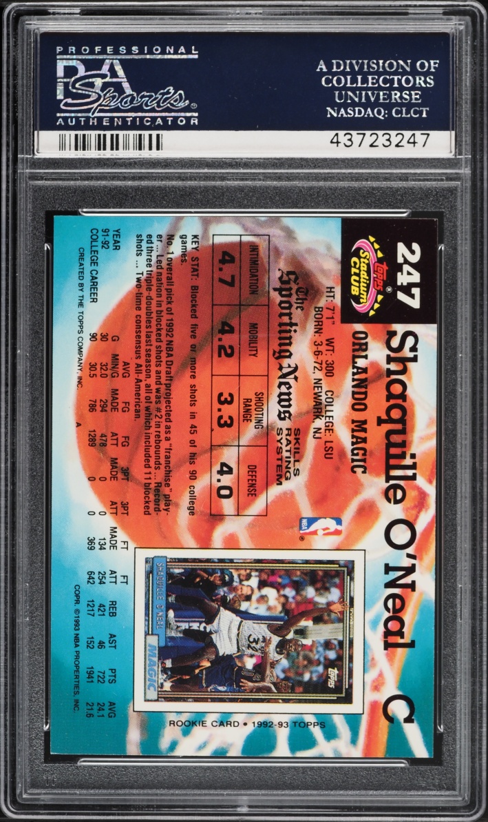 1992 Stadium Club Basketball Shaquille O'Neal ROOKIE #247 PSA 10 GEM MINT