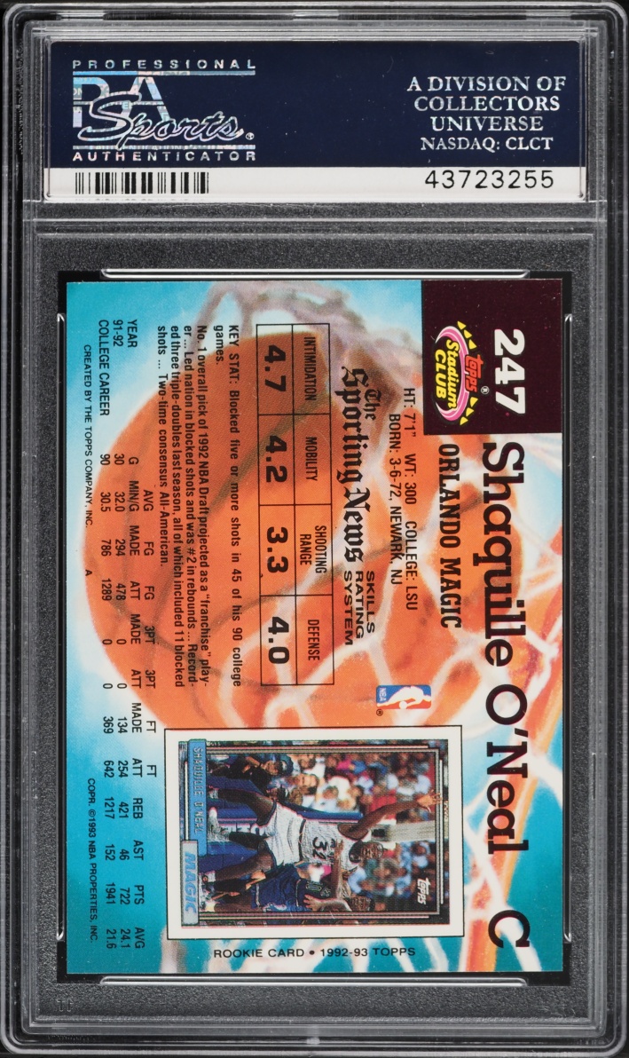 1992 Stadium Club Basketball Shaquille O'Neal ROOKIE #247 PSA 10 GEM MINT