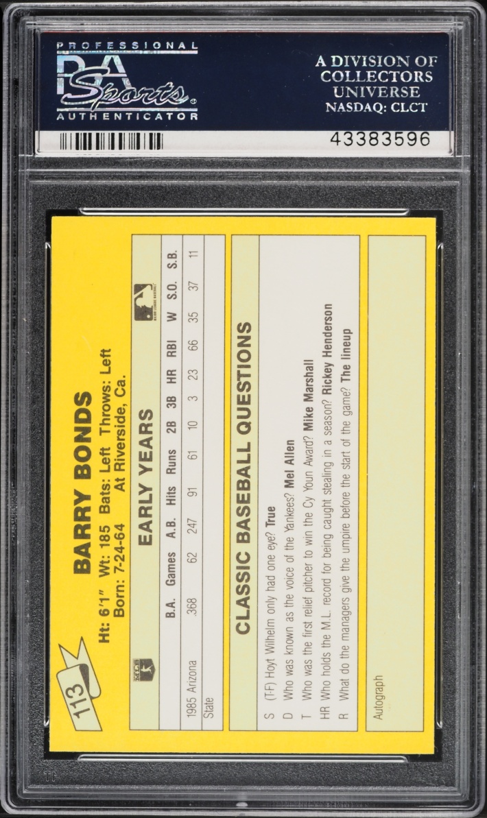 1987 Classic Travel Update Yellow Back Barry Bonds ROOKIE #113 PSA 10 GEM MINT