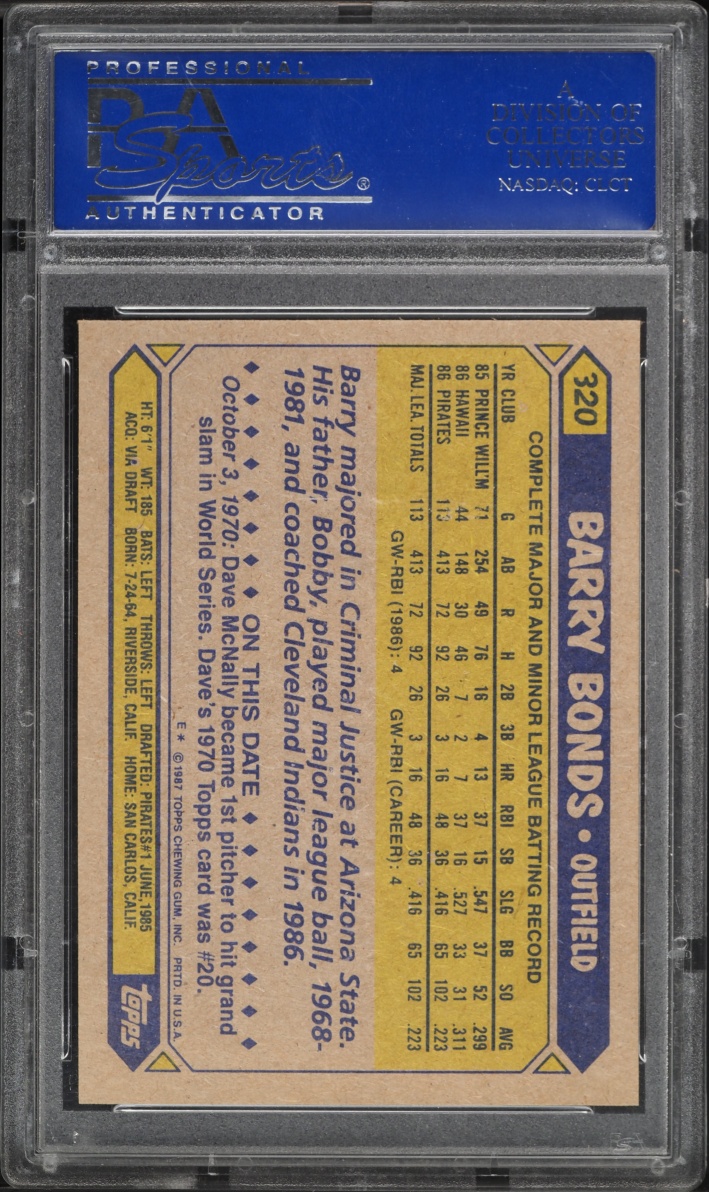 1987 Topps Barry Bonds ROOKIE #320 PSA 10 GEM MINT