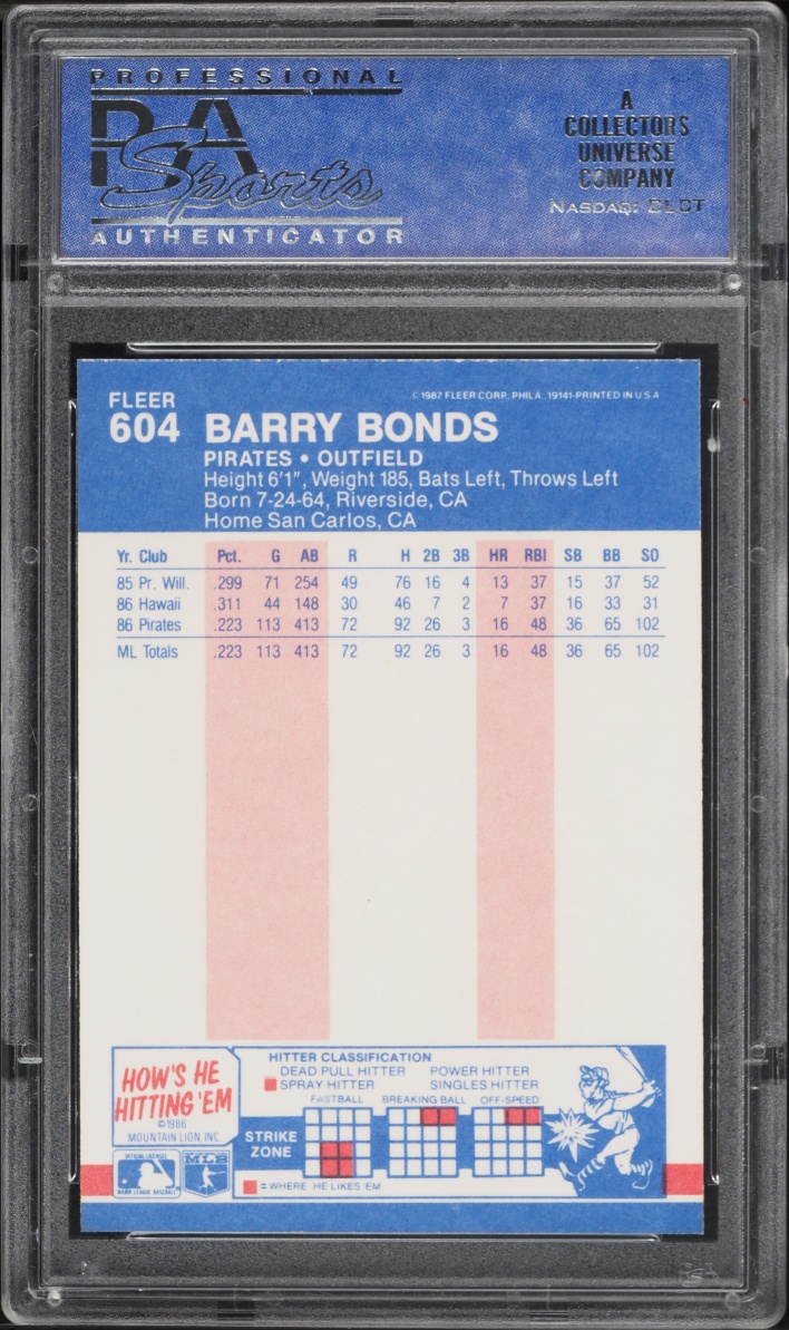 1987 Fleer Barry Bonds ROOKIE #604 PSA 10 GEM MINT