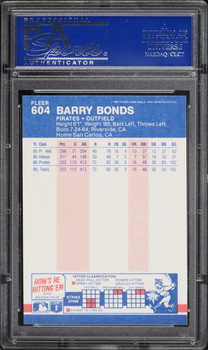 1987 Fleer Glossy Barry Bonds ROOKIE #604 PSA 10 GEM MINT