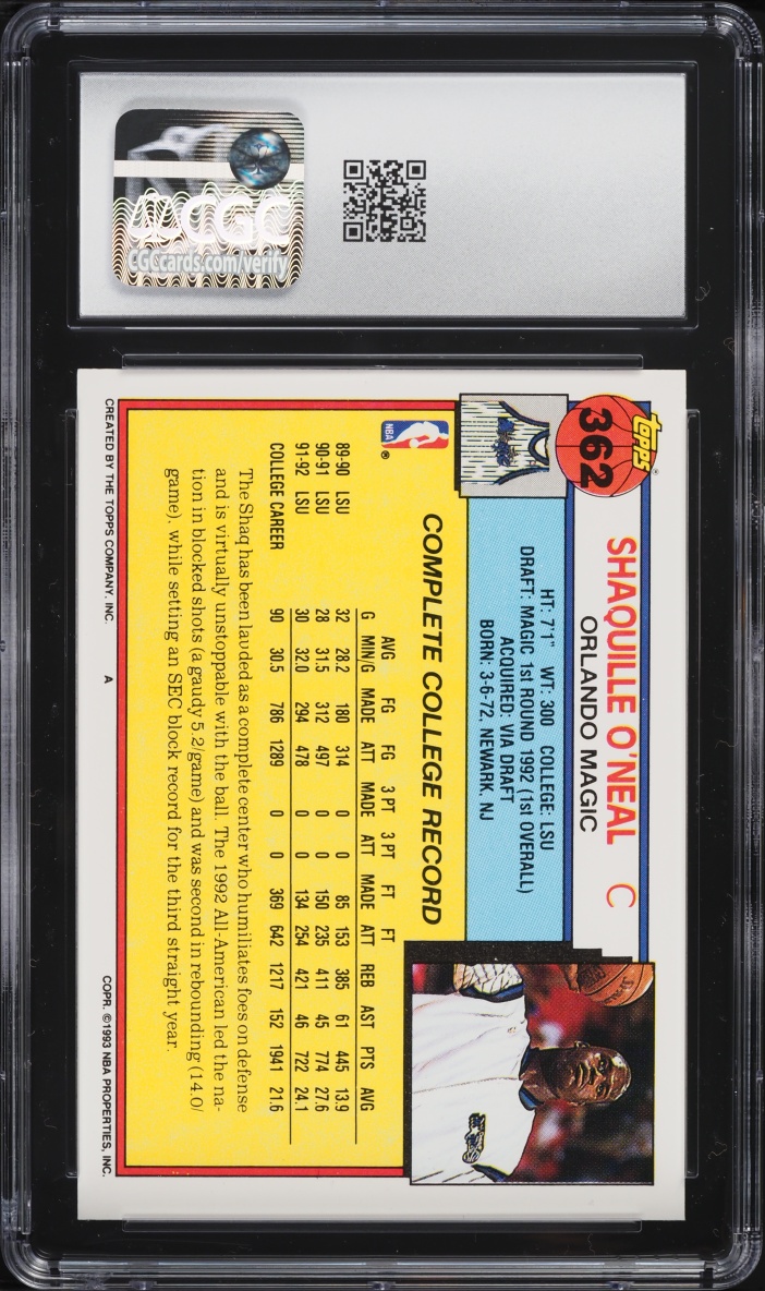 1992 Topps Basketball Shaquille O'Neal ROOKIE #362 CGC 9 MINT