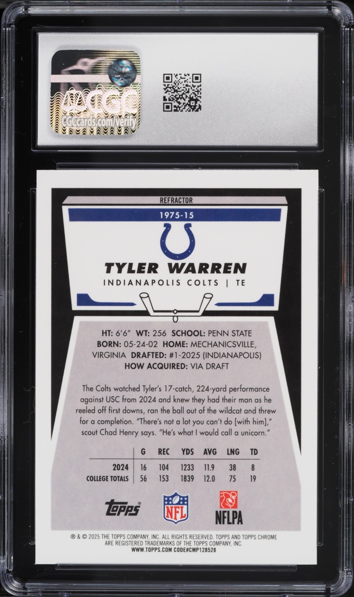 2025 Topps Chrome '75 Refractor Tyler Warren ROOKIE #1975-15 CGC 9.5 MINT+