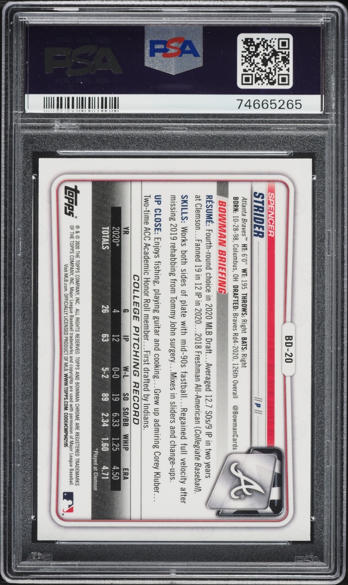 2020 Bowman Chrome Spencer Strider PROSPECT #BD-20 PSA 10 GEM MINT