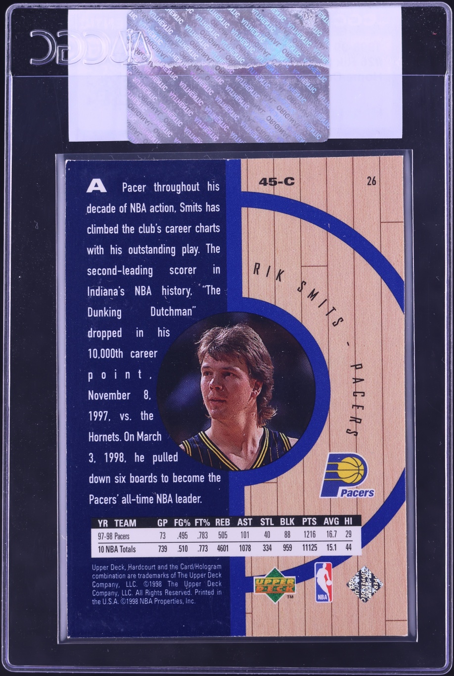 1998 Upper Deck Hardcourt Home Court Advantage Rik Smits #26 CGC AUTH