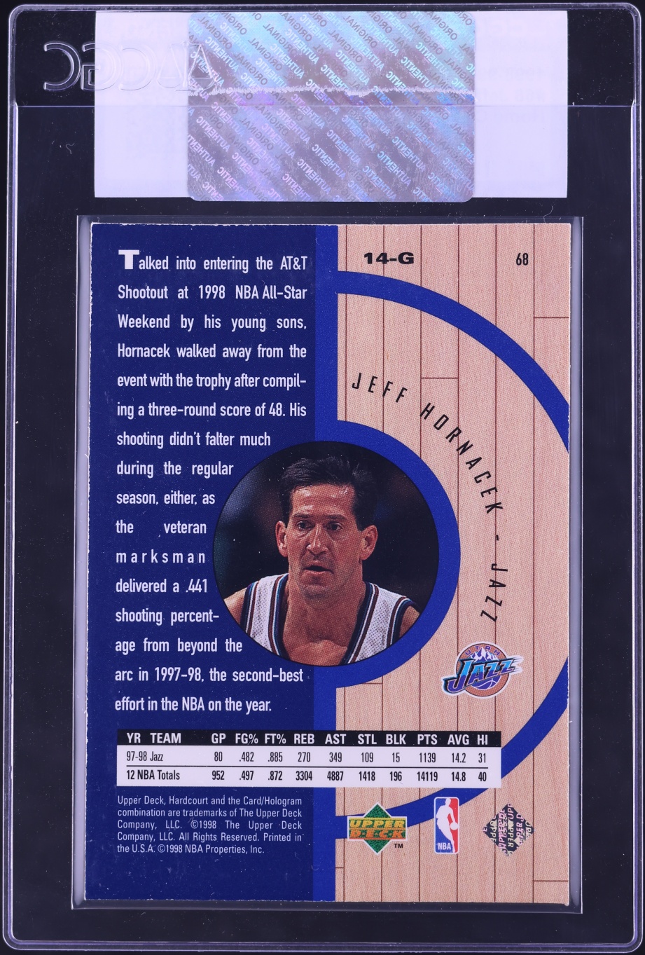 1998 Upper Deck Hardcourt Home Court Advantage Jeff Hornacek #68 CGC AUTH