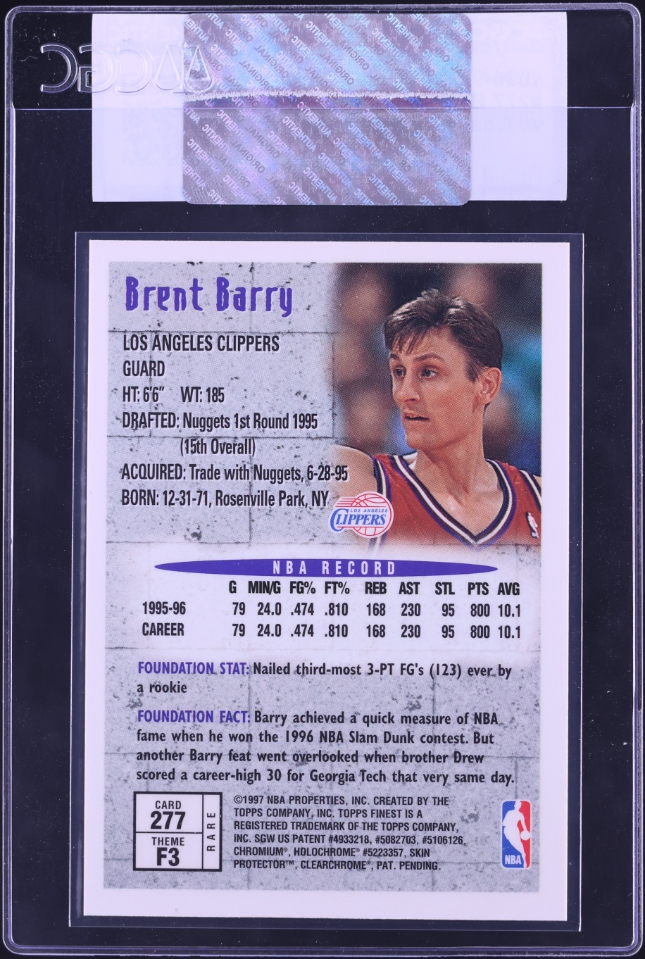 1996 Finest Basketball w/ Coating Brent Barry #277 CGC AUTH