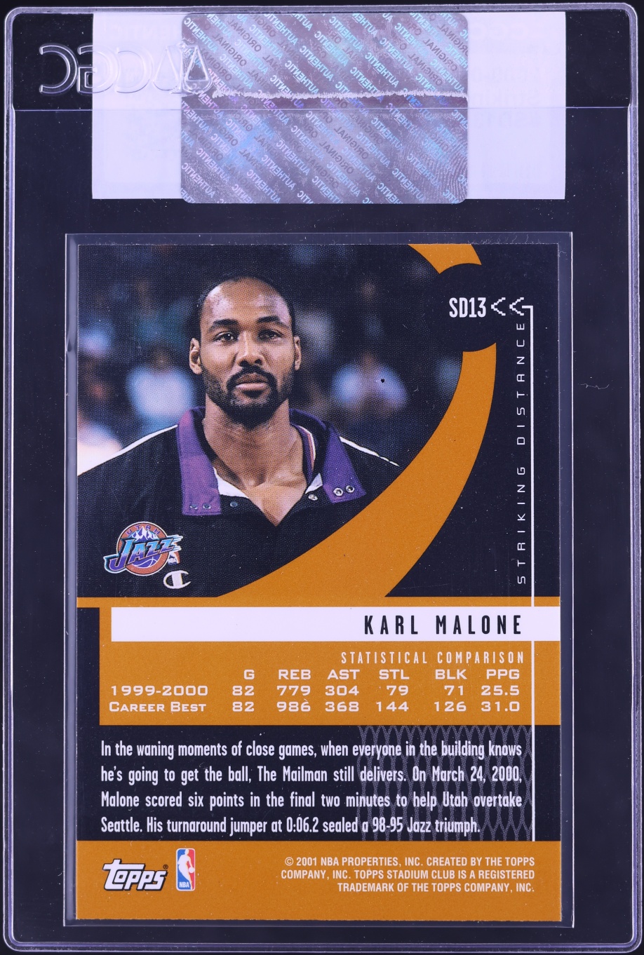 2000 Stadium Club Striking Distance Karl Malone #SD13 CGC AUTH