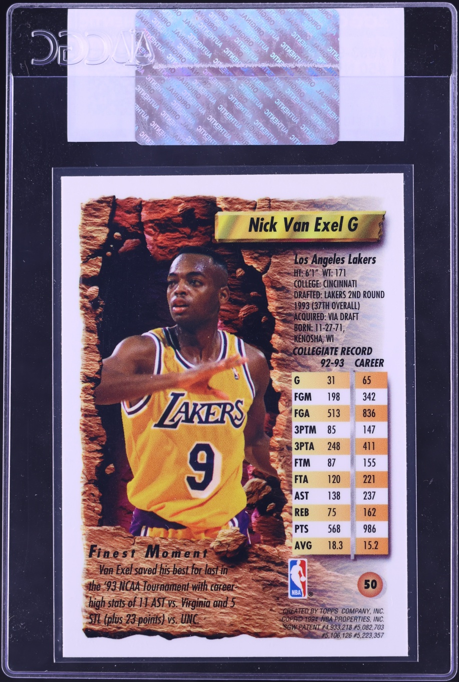 1993 Finest Basketball Nick Van Exel ROOKIE #50 CGC AUTH