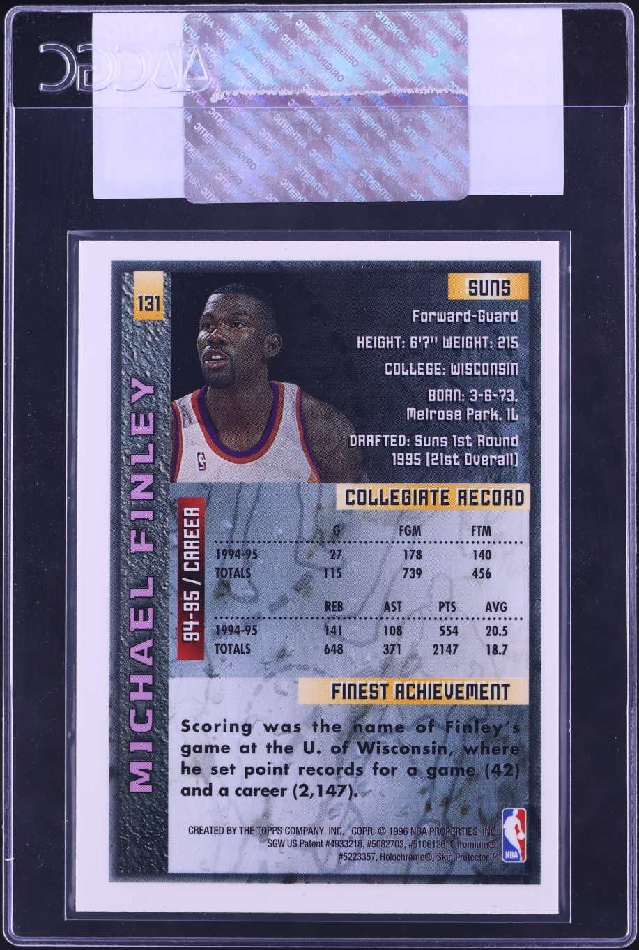 1995 Finest Basketball w/ Coating Michael Finley ROOKIE #131 CGC AUTH
