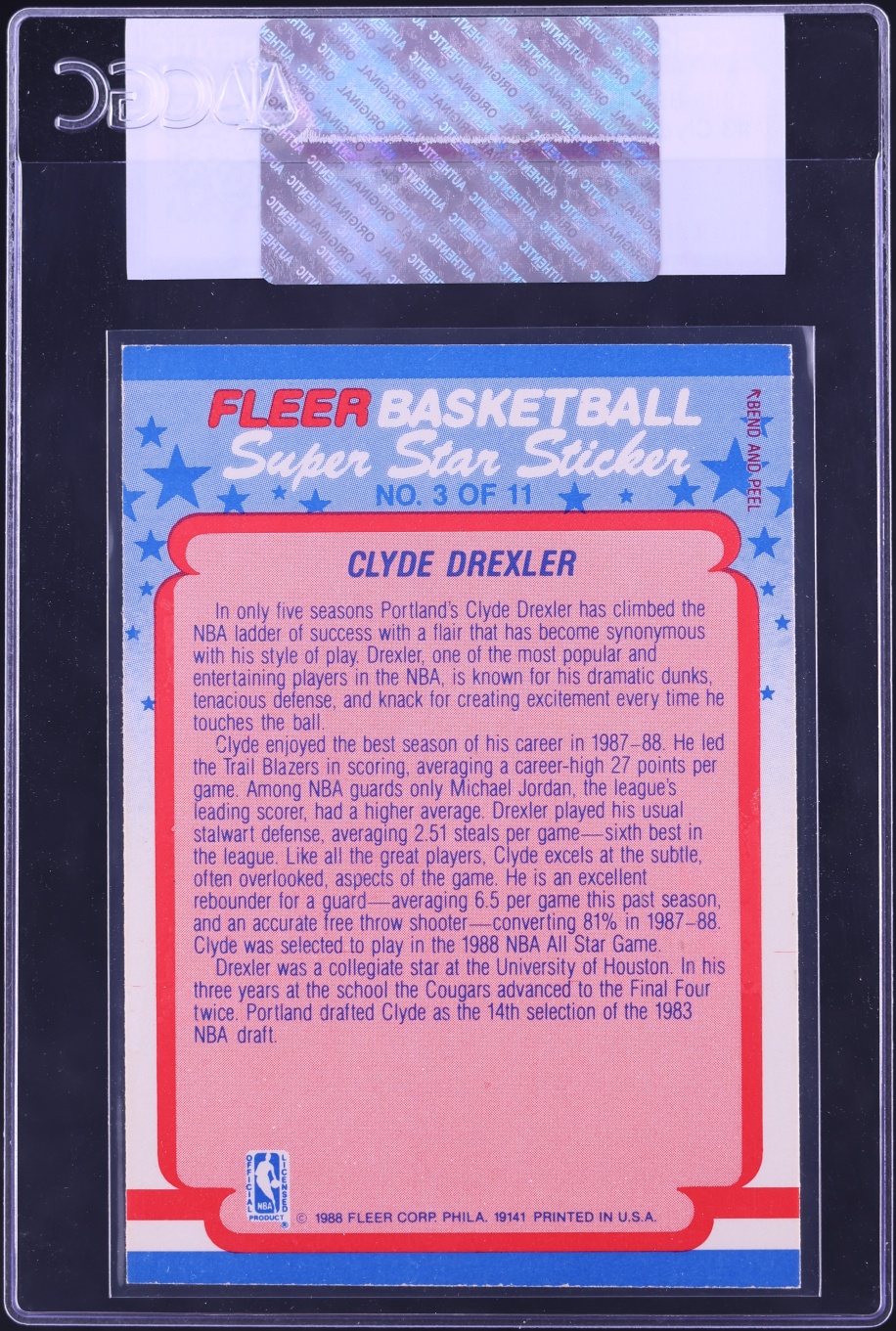 1988 Fleer Sticker Clyde Drexler #3 CGC AUTH