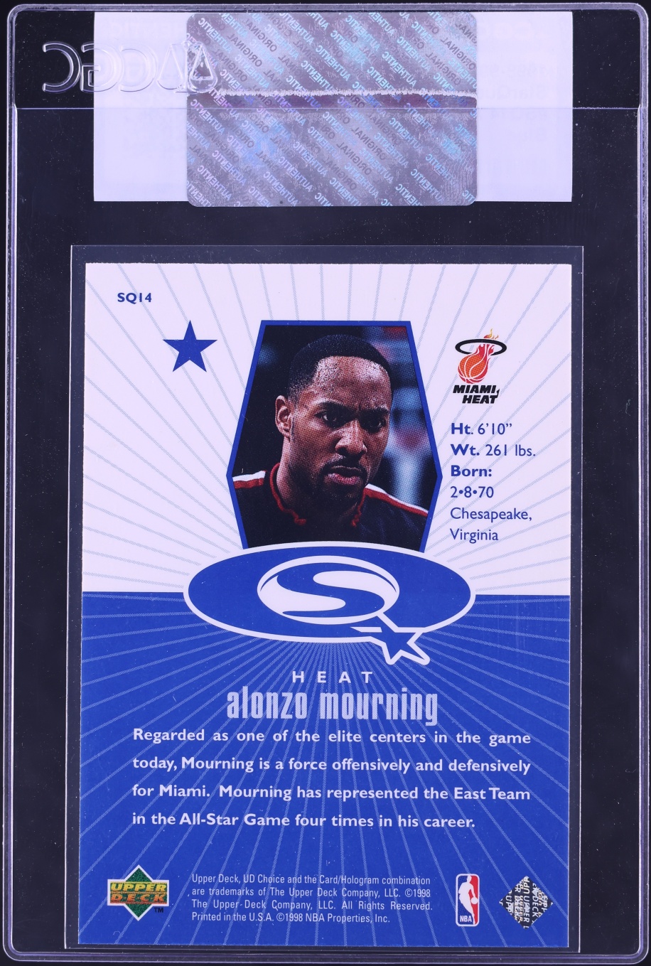 1998 UD Choice StarQuest Blue Alonzo Mourning #SQ14 CGC AUTH