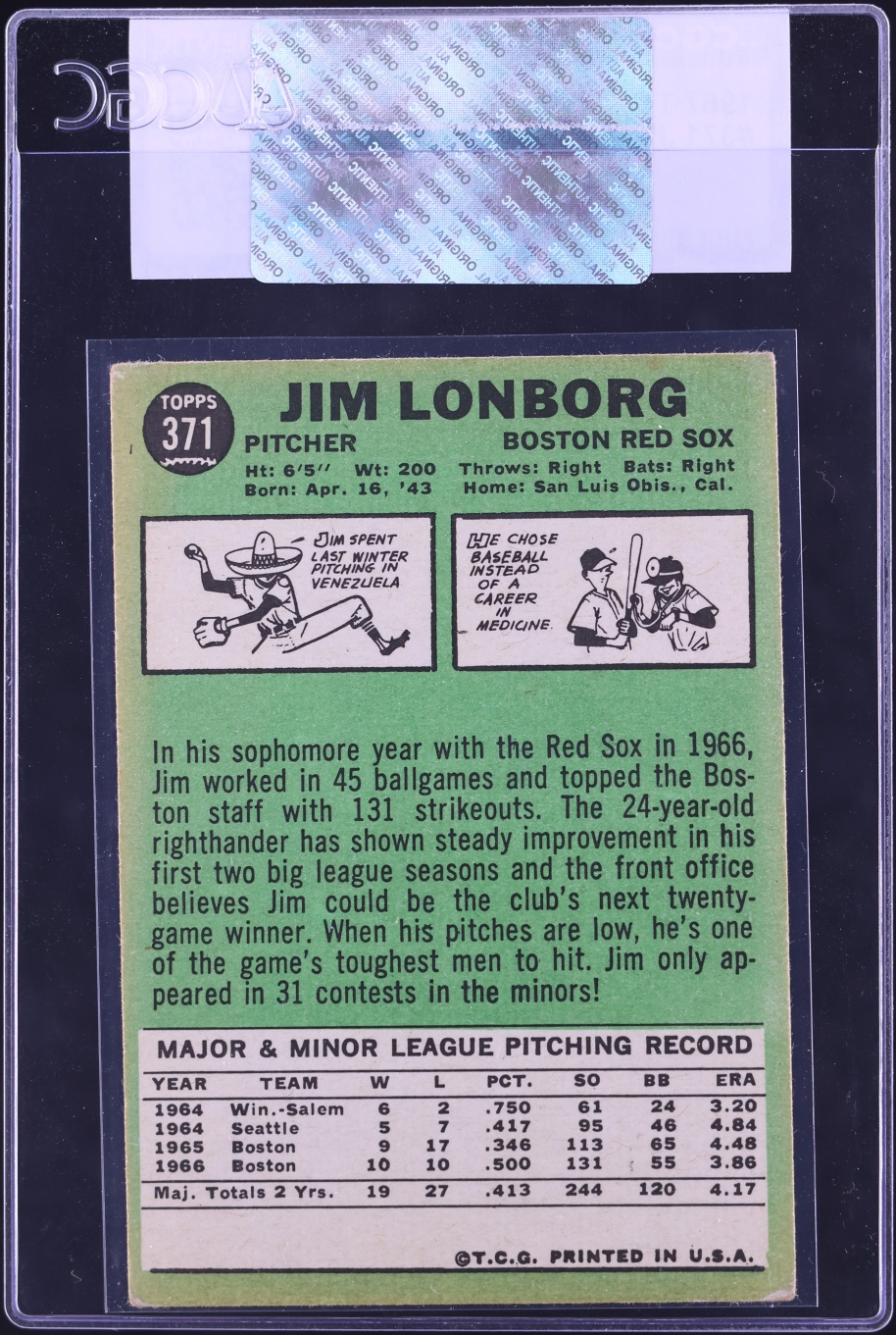 1967 Topps Jim Lonborg #371 CGC AUTH