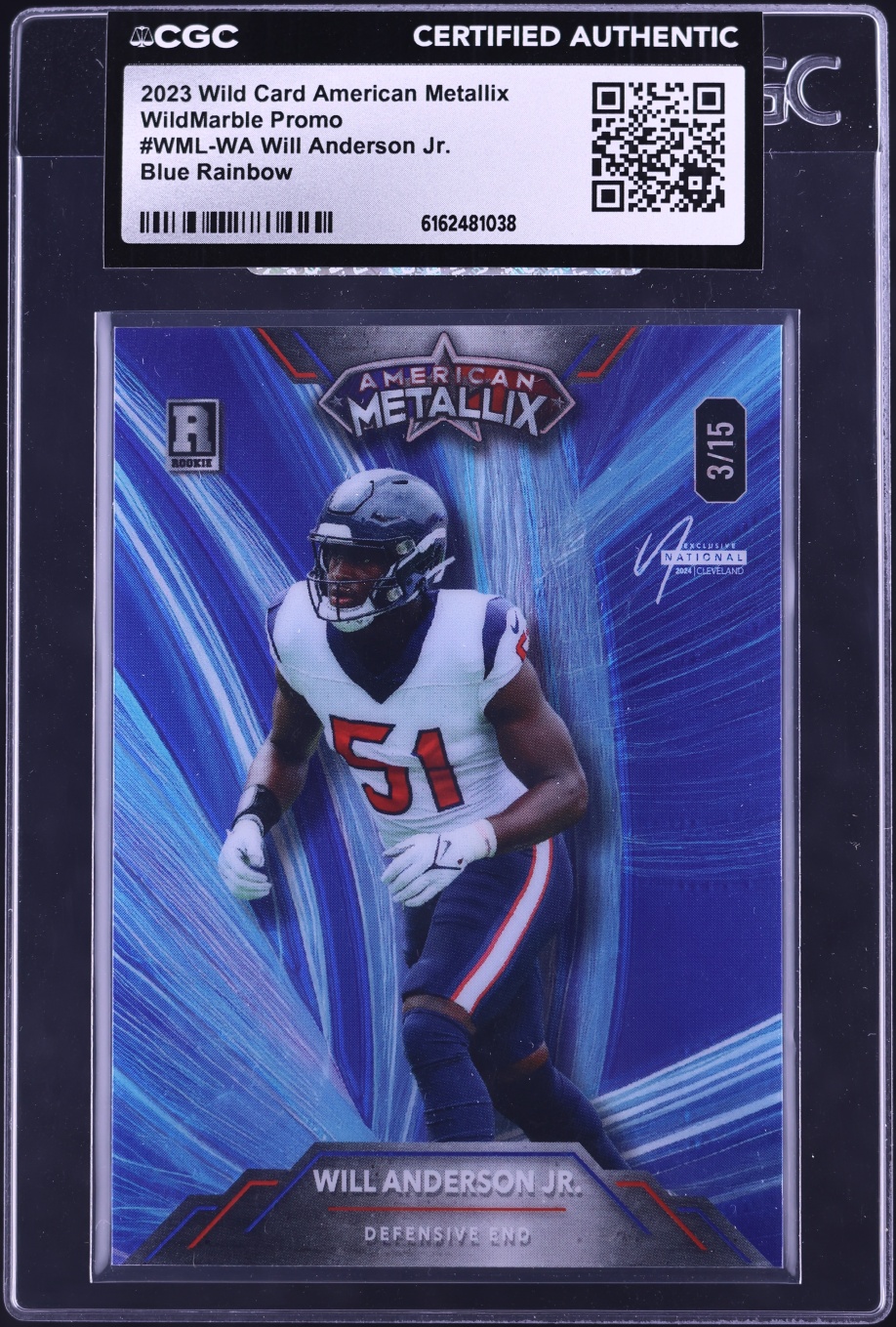 2023 Wild Card American Metallix WildMarble Blue Rainbow Will Anderson Jr. ROOKIE /15 CGC AUTH