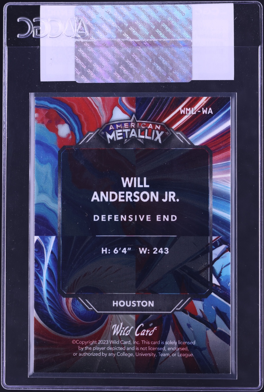 2023 Wild Card American Metallix WildMarble Blue Rainbow Will Anderson Jr. ROOKIE /15 CGC AUTH