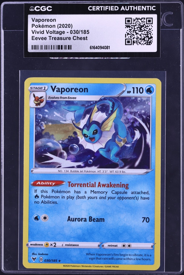 2020 Pokemon SWSH Vivid Voltage Eevee Treasure Chest Vaporeon #030 CGC AUTH