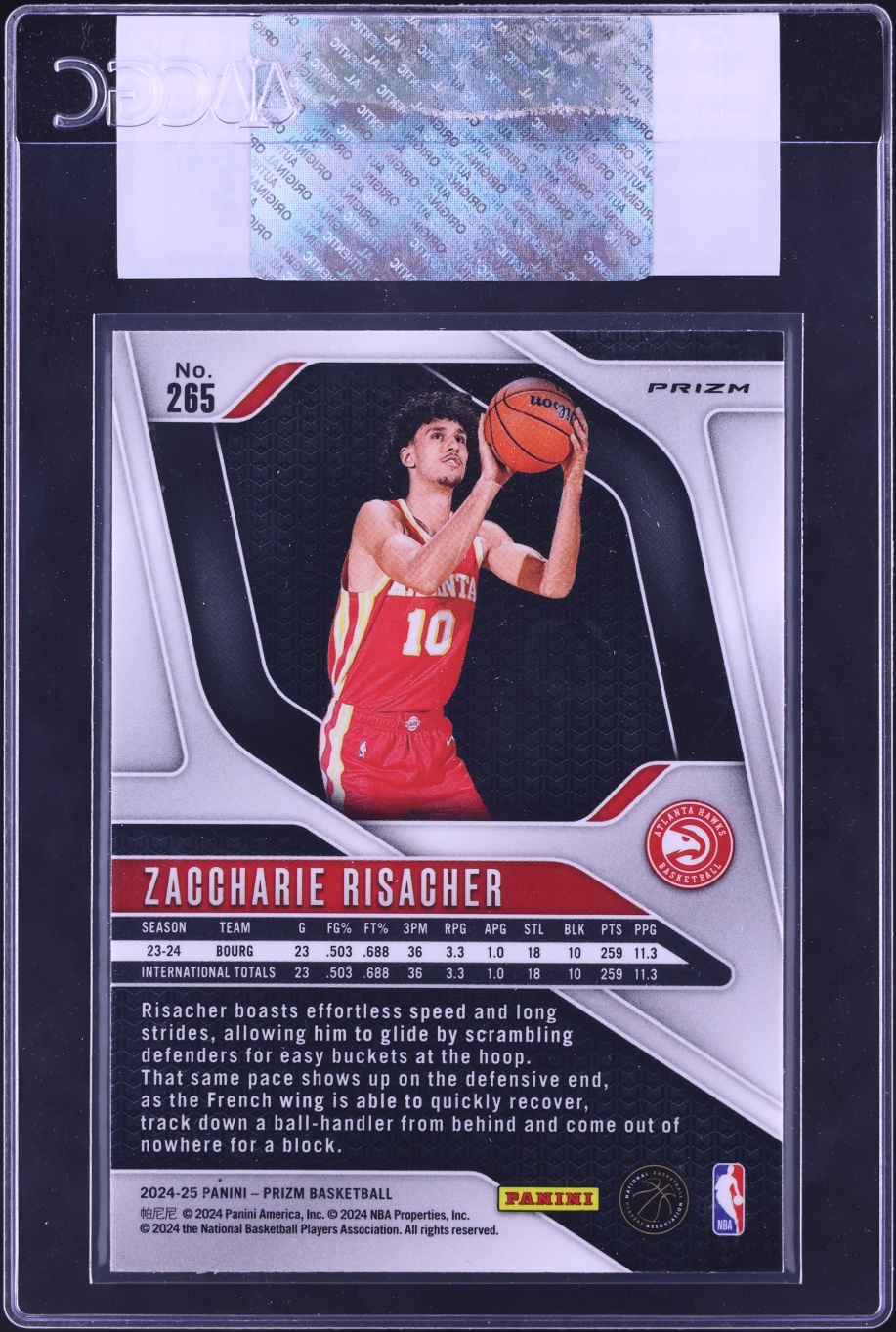 2024 Panini Prizm Pink Ice Zaccharie Risacher ROOKIE #265 CGC AUTH