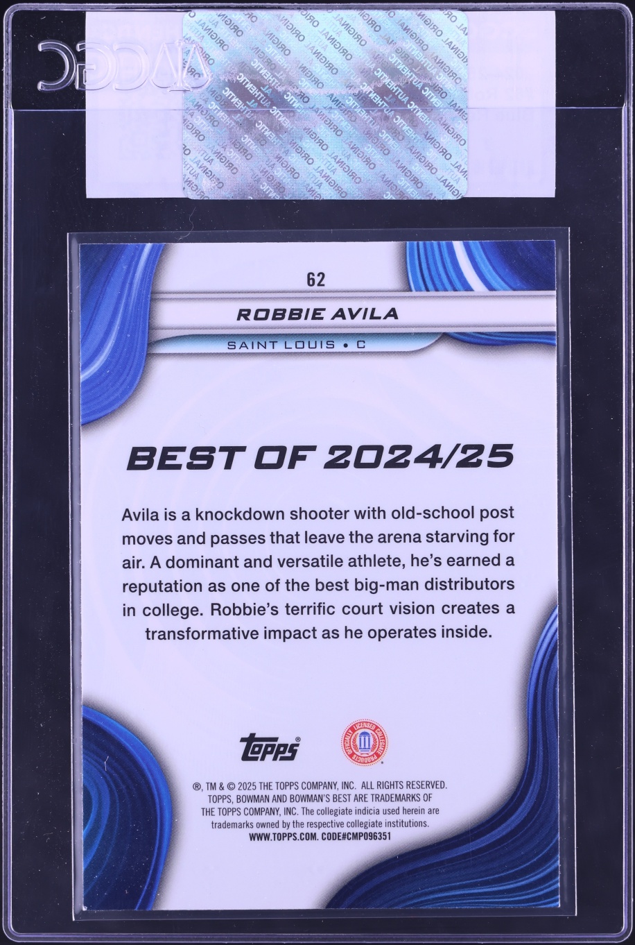 2024 Bowman University Best Blue Refractor Robbie Avila ROOKIE /150 #62 CGC AUTH