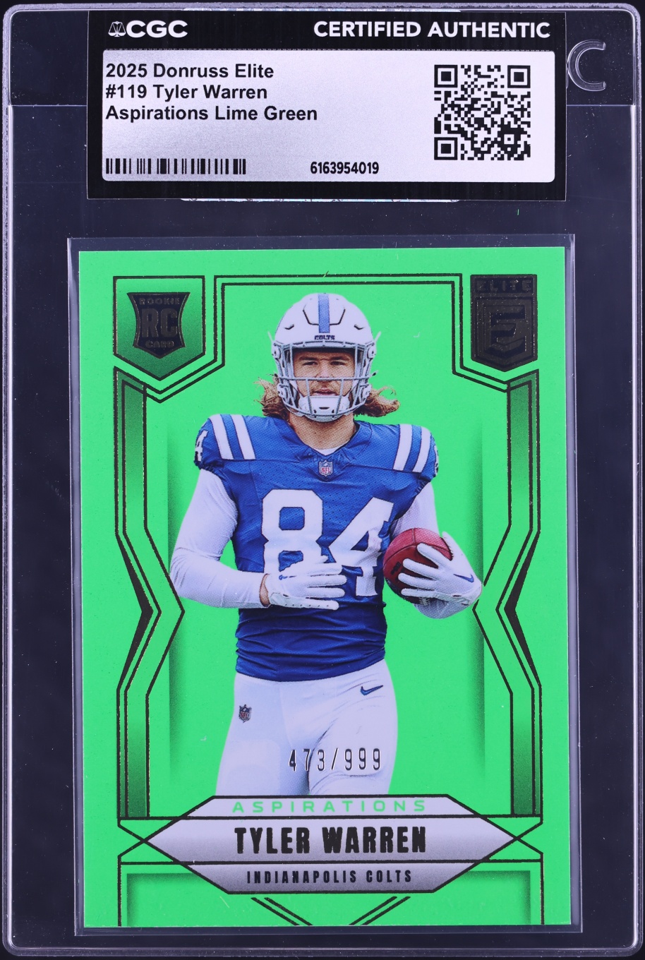 2025 Donruss Elite Aspirations Lime Green Tyler Warren ROOKIE /999 #119 CGC AUTH