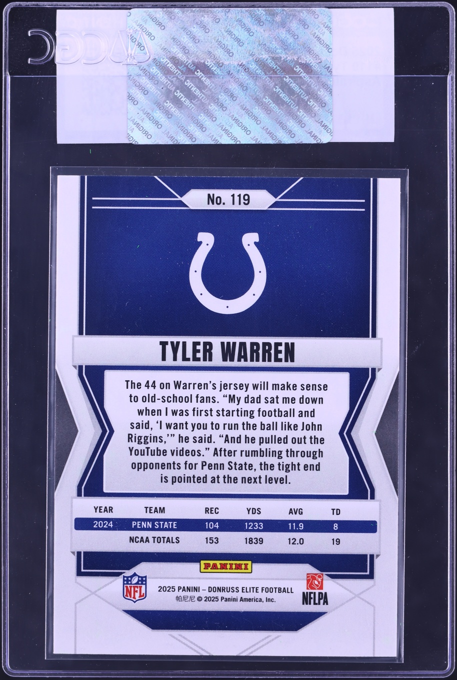 2025 Donruss Elite Aspirations Lime Green Tyler Warren ROOKIE /999 #119 CGC AUTH