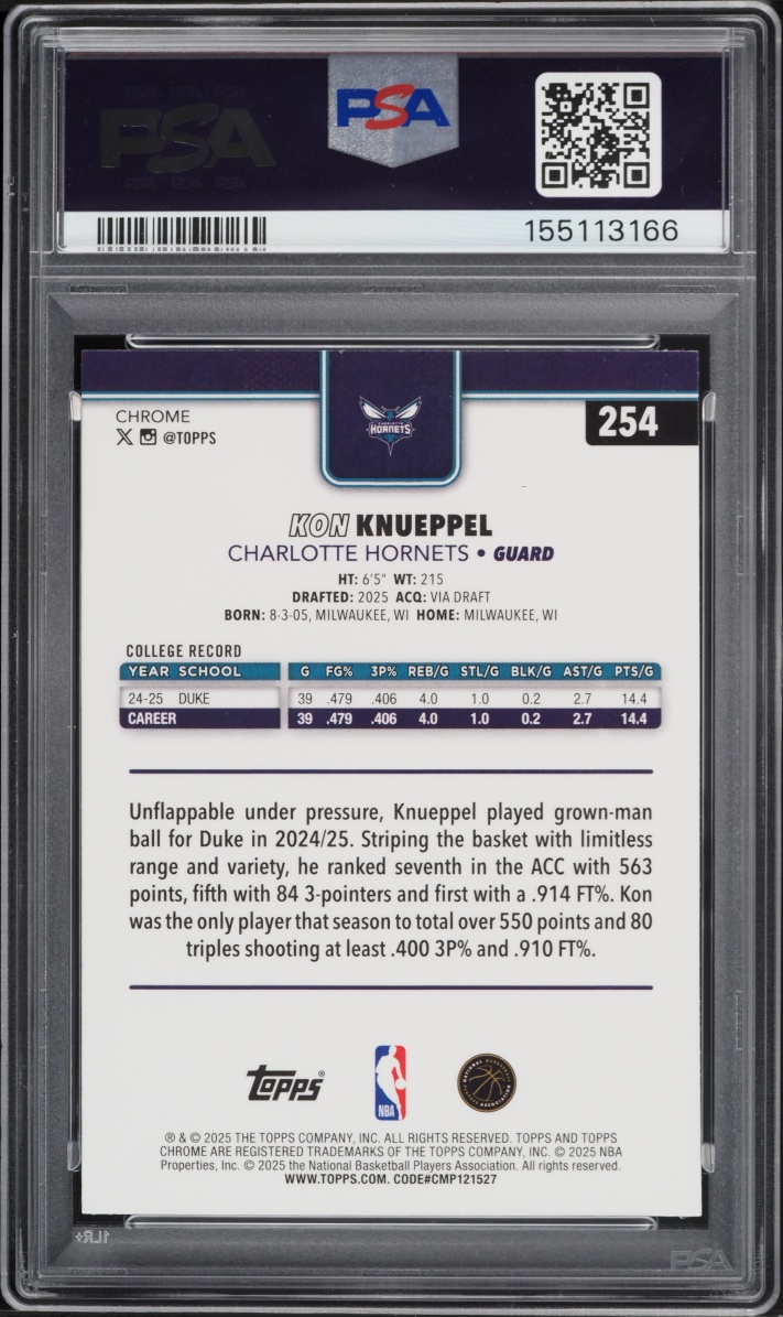 2025 Topps Chrome Basketball Refractor Kon Knueppel ROOKIE #254 PSA 9 MINT
