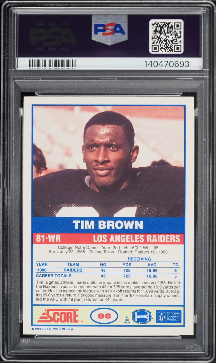 1989 Score Football Tim Brown ROOKIE #86 PSA 9 MINT