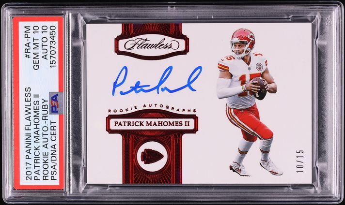 2017 Panini Flawless Ruby Patrick Mahomes ROOKIE AUTO DNA 10 /15 #RA-PM PSA 10 GEM MINT