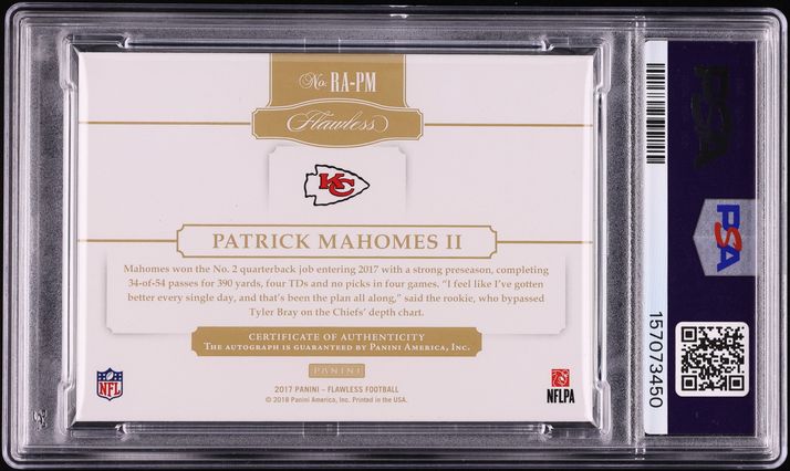 2017 Panini Flawless Ruby Patrick Mahomes ROOKIE AUTO DNA 10 /15 #RA-PM PSA 10 GEM MINT
