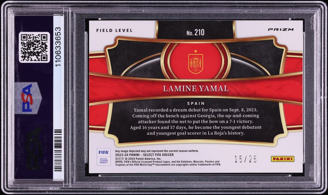 2023 Select FIFA Field Level Zebra Lamine Yamal ROOKIE JERSEY # 15/25 #210 PSA 7 NRMT