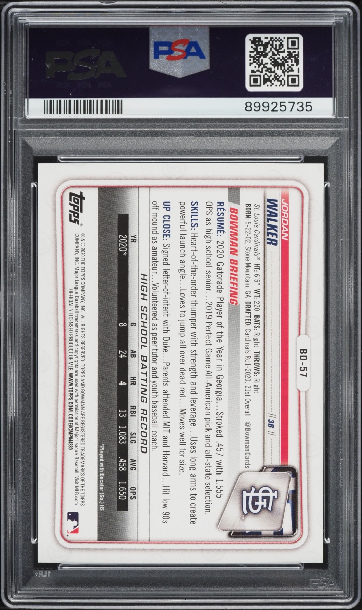 2020 Bowman Draft Blue Foil Jordan Walker PROSPECT AUTO DNA 10 /150 #BD-57 PSA 9 MINT