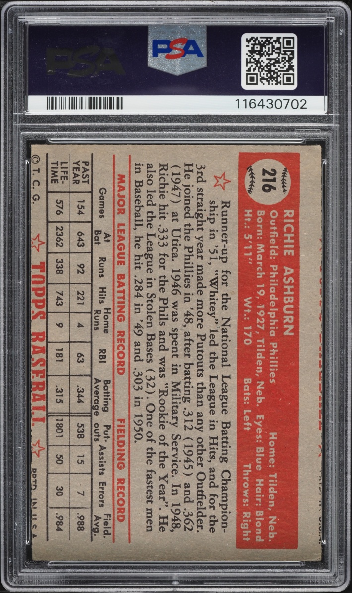 1952 Topps Richie Ashburn #216 PSA 3(mc) VG
