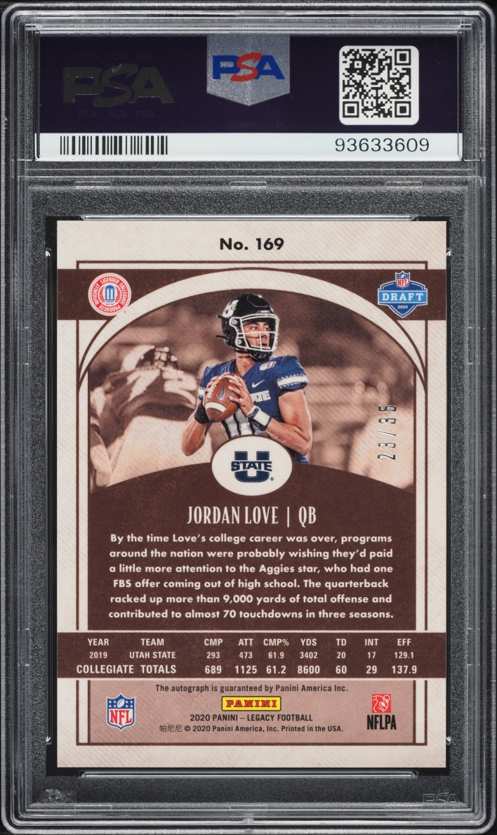 2020 Panini Legacy Penmanship Jordan Love ROOKIE AUTO /35 #169 PSA 9 MINT