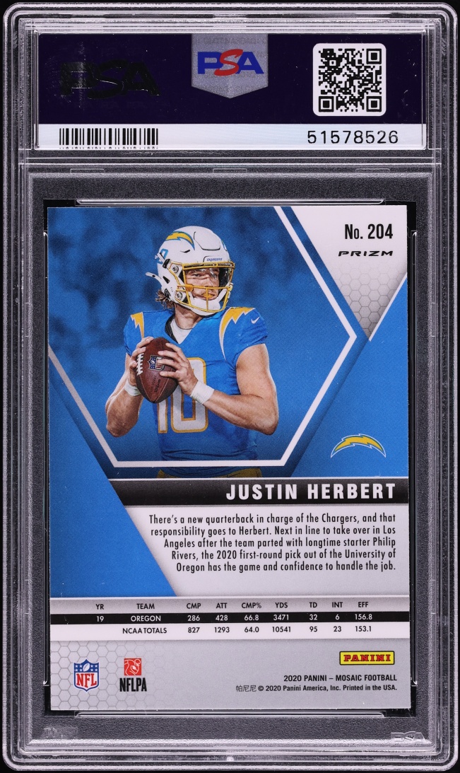 2020 Panini Mosaic Prizm Justin Herbert ROOKIE #204 PSA 10 GEM MINT