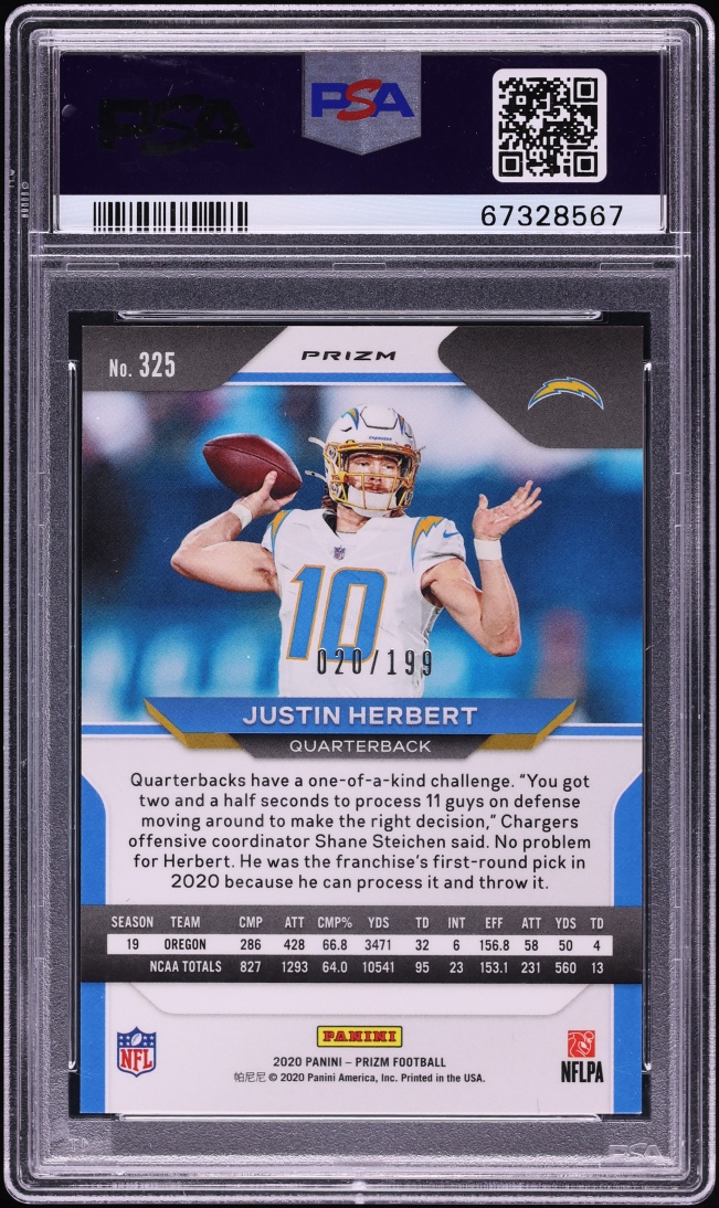2020 Panini Prizm Blue Wave Justin Herbert ROOKIE /199 #325 PSA 9 MINT