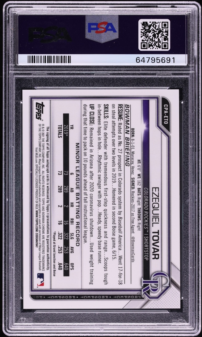 2021 Bowman Chrome Ezequiel Tovar PROSPECT AUTO #CPA-ETO PSA 10 GEM MINT