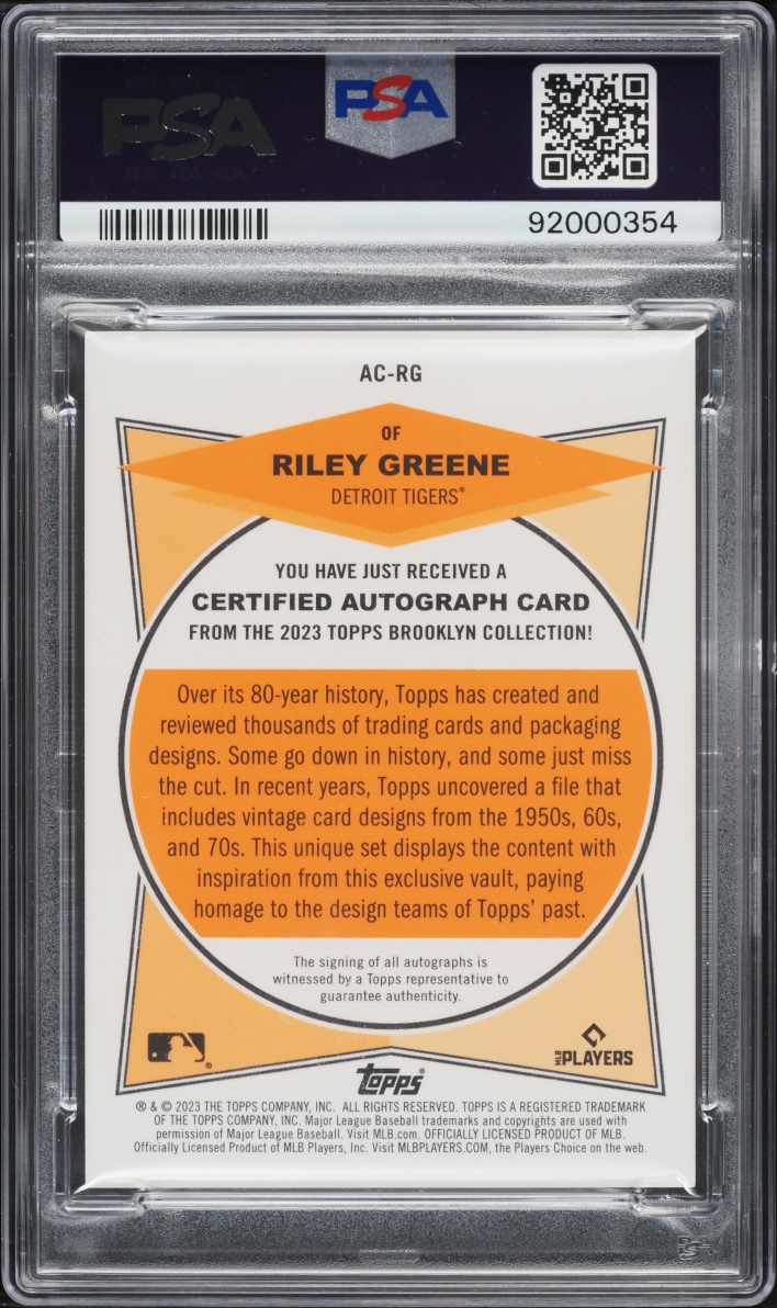 2023 Topps Brooklyn Collection Blue Riley Greene ROOKIE AUTO /300 #AC-RG PSA 9 MINT