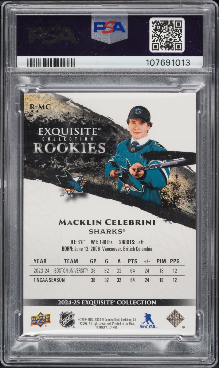 2024 Black Diamond Exquisite Collection Gold Macklin Celebrini ROOKIE /99 #R-MC PSA 8 NM-MT