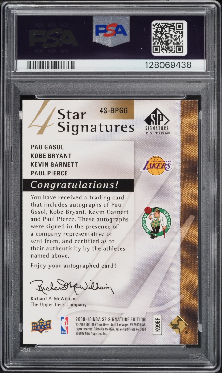 2009 SP Signature 4 Star Pau Gasol Kobe Bryant Kevin Garnett Paul Pierce AUTO DNA 10 /25 PSA 8