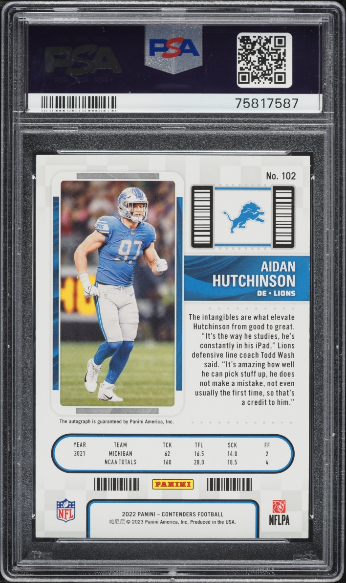 2022 Panini Contenders Aidan Hutchinson ROOKIE AUTO #102 PSA 10 GEM MINT