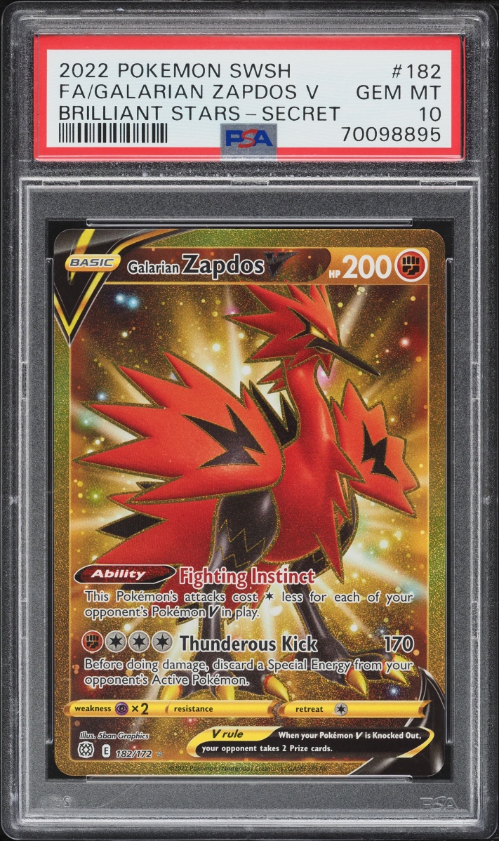 2022 Pokemon Sword & Shield Brilliant Stars Gold Rare Galarian Zapdos V #182 PSA 10 GEM MINT