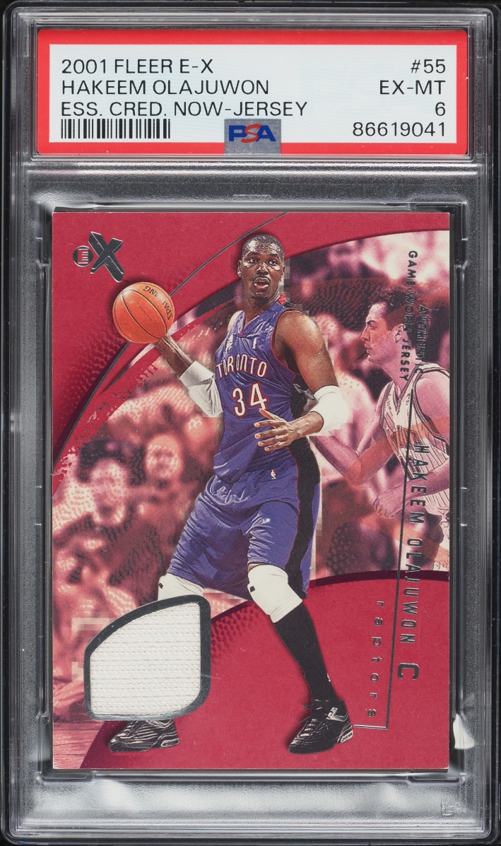 2001 Fleer E-X Essential Credentials Now Jersey Hakeem Olajuwon PATCH #55 PSA 6 EXMT