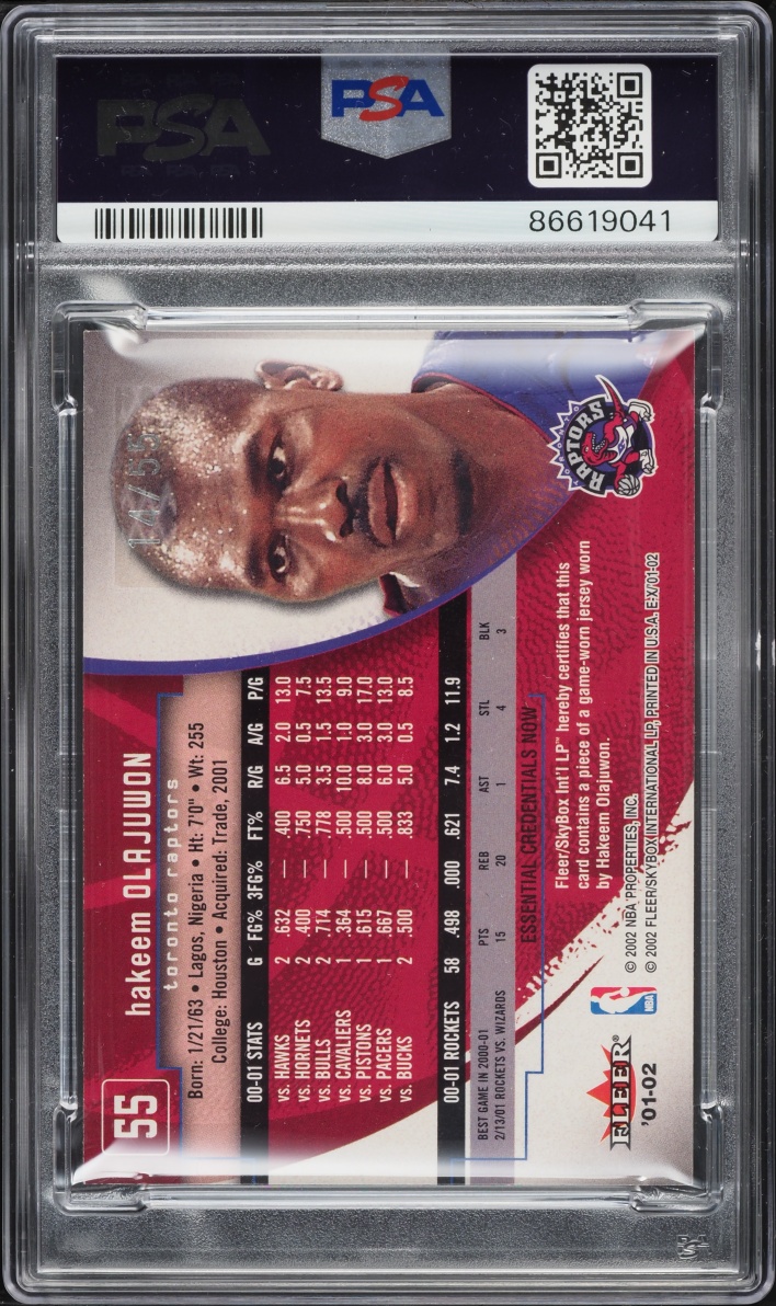 2001 Fleer E-X Essential Credentials Now Jersey Hakeem Olajuwon PATCH #55 PSA 6 EXMT