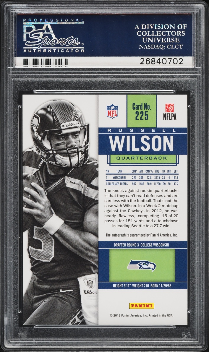 2012 Panini Contenders Blue Jersey Russell Wilson ROOKIE AUTO #225 PSA 9 MINT