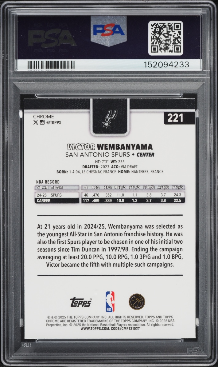 2025 Topps Chrome Sapphire Victor Wembanyama #221 PSA 10 GEM MINT